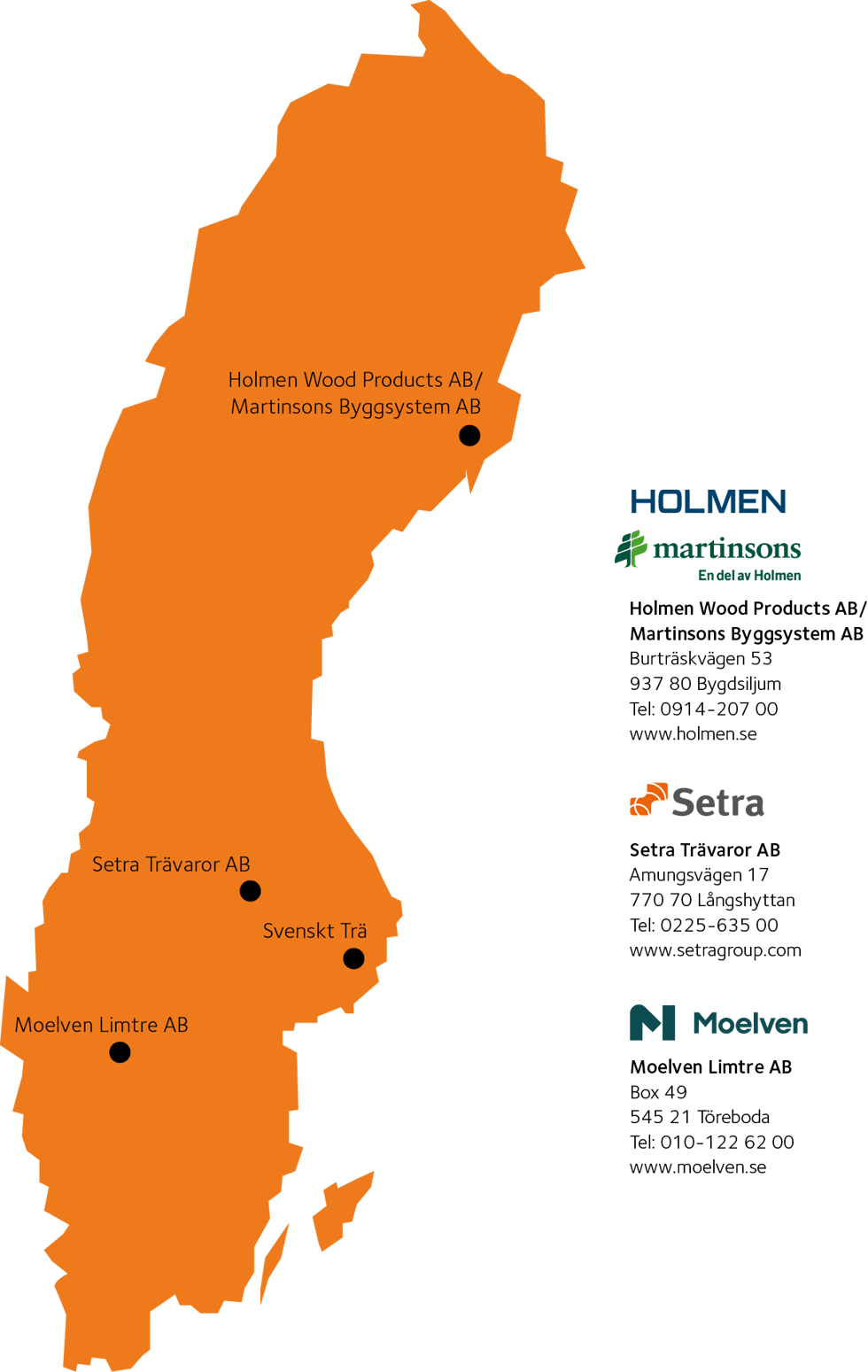 Karta över Limträtillverkarna i Sverige